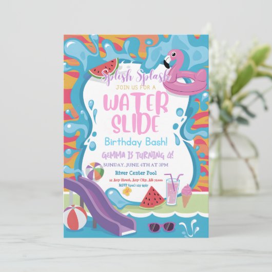 Niedliches Kindergeburtstag-Party mit Wasserrutsch Einladung (Stehend Vorderseite)