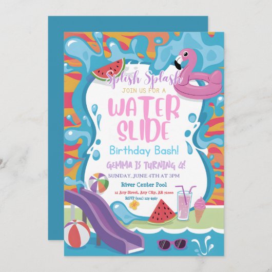 Niedliches Kindergeburtstag-Party mit Wasserrutsch Einladung (Vorne/Hinten)