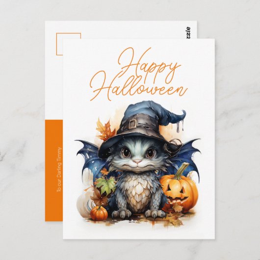 Niedliches Kinderspiel Watercolor Dragon Halloween Postkarte (Vorne/Hinten)