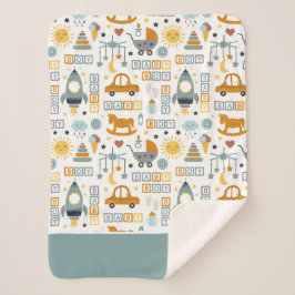 Niedliches Kinderwagen- und Spielzeugmuster mit de Sherpadecke