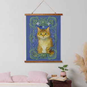 Niedliches Kitten im Vintagen Jugendstil Wandteppich Mit Holzrahmen