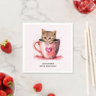 Niedliches Kitten in einem Teacup mit Herz Geburts Serviette