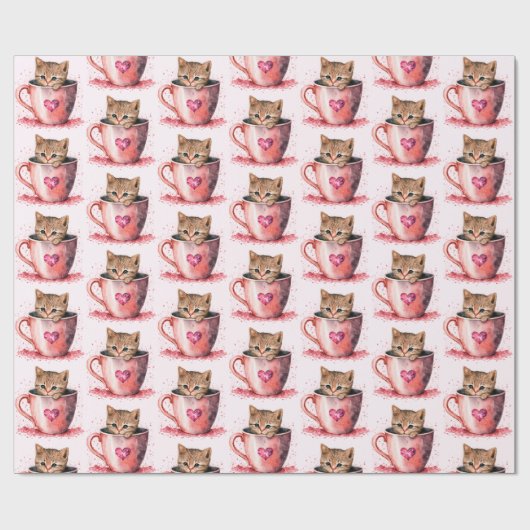 Niedliches Kitten in Teakup mit Herz-Muster Geschenkpapier (Flach)