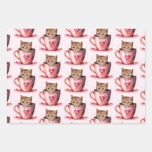 Niedliches Kitten in Teakup mit Herz-Muster Geschenkpapier Set (Vorderseite)