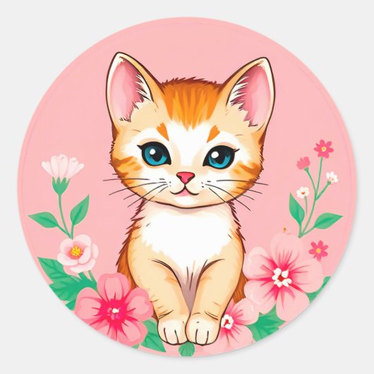 Niedliches Kitten mit Blume Runder Aufkleber (Vorderseite)