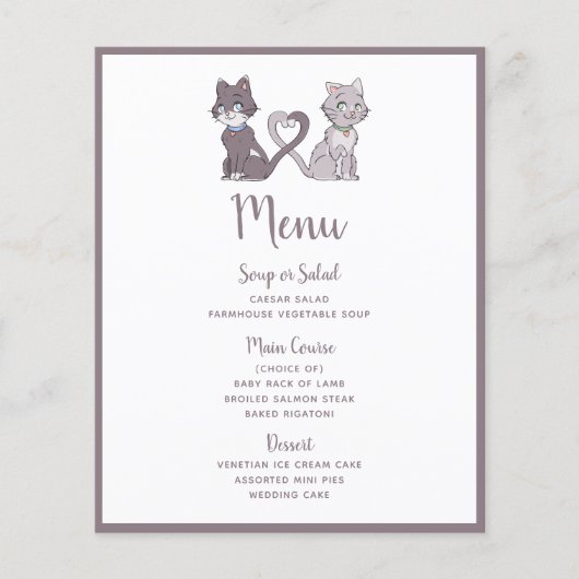 Niedliches "Kitty Couple Gray White Wedding Menu" (Vorderseite)