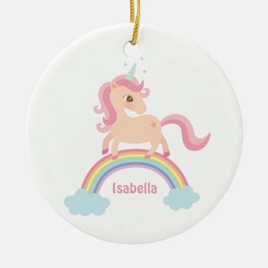 Niedliches Kleines Einhorn auf Regenbogenmädchen Keramikornament (Vorne)