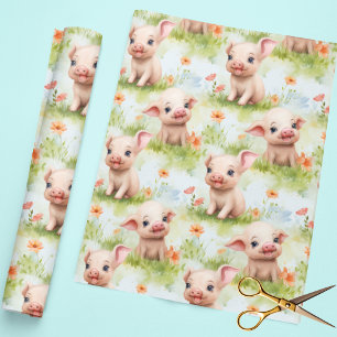 Niedliches kleines Ferkel Gras Blumen Wasserfarben Geschenkpapier