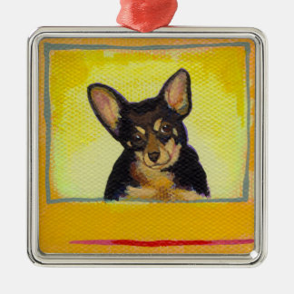 Niedliches kleines Hundekunstschwarzes und tan Silbernes Ornament