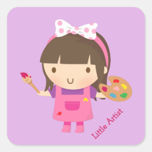 Niedliches kleines Künstlermädchen bei der Arbeit Quadratischer Aufkleber