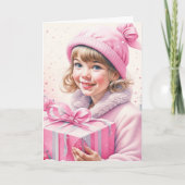 Niedliches kleines Mädchen in Pink Retro Weihnacht Karte (Vorderseite)