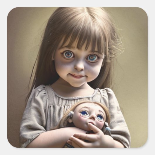 Niedliches kleines Mädchen mit Big Eyes und Creepy Quadratischer Aufkleber (Vorderseite)