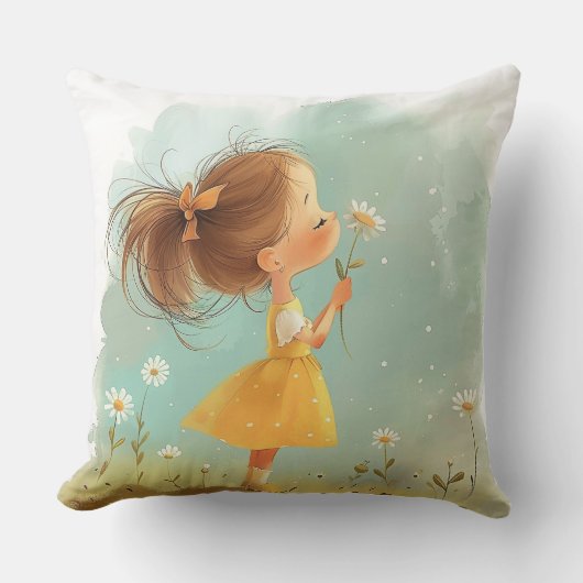 Niedliches kleines Mädchen mit Blume Kissen, Whims Kissen (Vorderseite)