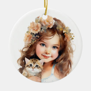 NIEDLICHES KLEINES MÄDCHEN MIT IHREM KITTEN KERAMIK ORNAMENT