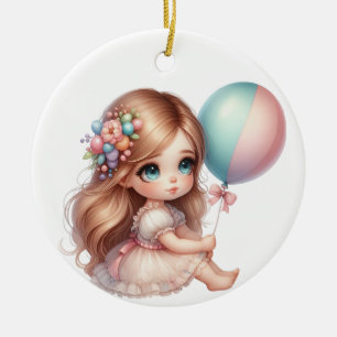 NIEDLICHES KLEINES MÄDCHEN MIT PINKBALLOON KERAMIK ORNAMENT