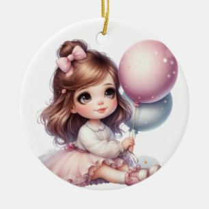 NIEDLICHES KLEINES MÄDCHEN MIT PINKBALLOON KERAMIK ORNAMENT