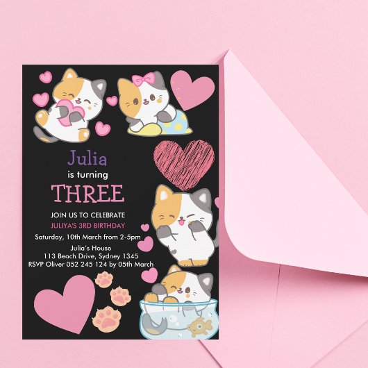 Niedliches kleines Mädchen schwarz 3. Geburtstag Einladung