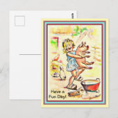 Niedliches kleines Mädchen und ihr Schwein - Spaß, Postkarte (Vorne/Hinten)