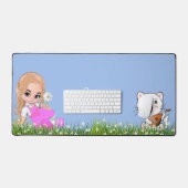 Niedliches kleines Mädchen und Katze mit Blume Schreibtischunterlage (Tastatur & Maus)