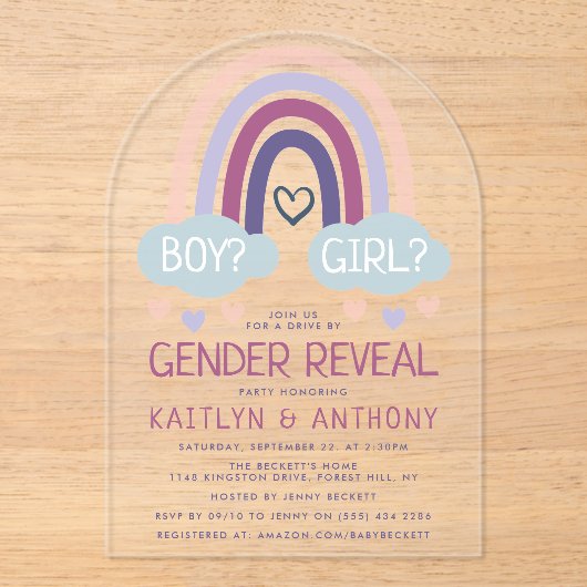 Niedliches kleines Rainbow-Gender-Party Acryleinladungen (Vorderseite)