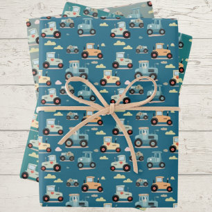 Niedliches kleines Traktormuster blaues Wrapping P Geschenkpapier Set
