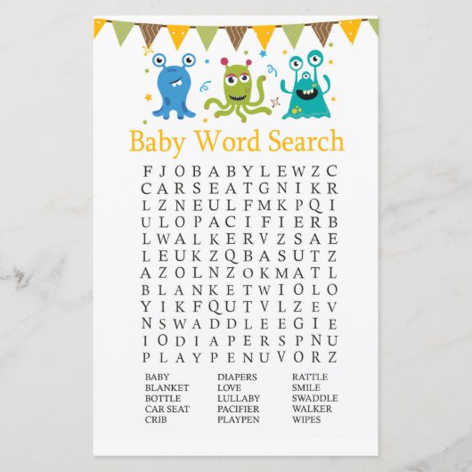 Niedliches Kleinmonster Baby Shower Word Search Ga (Vorderseite)