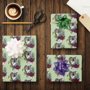 Niedliches Koala-Bär Grün Australische Tierwelt Fl Geschenkpapier Set