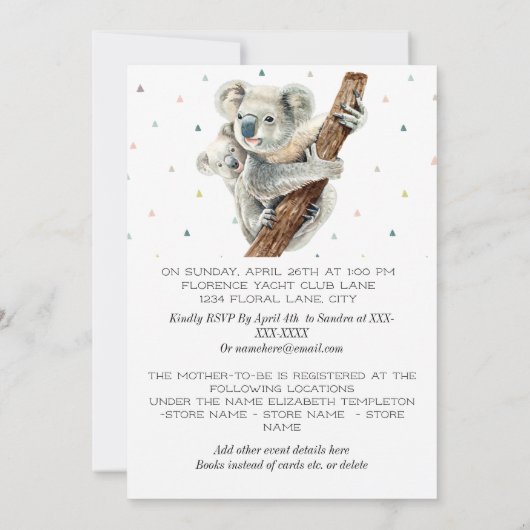 Niedliches Koala-Bärenpaket mit Joy-Baby-Dusche Einladung (Rückseite)