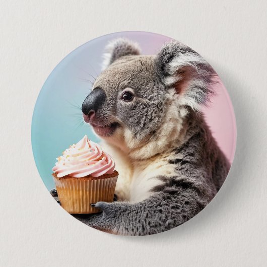 Niedliches Koala mit Cupcake Pastell Gradient Button (Vorderseite)