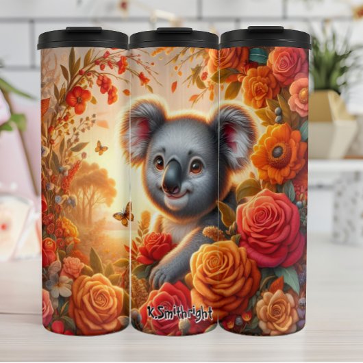 Niedliches Koala mit Rose Thermosbecher