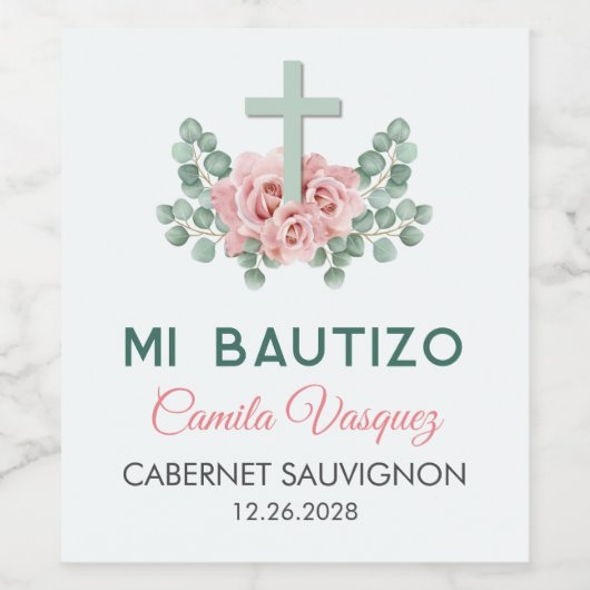 Niedliches Kreuz und Blätter in spanischer Bautism Weinetikett (Einzelnes Label)