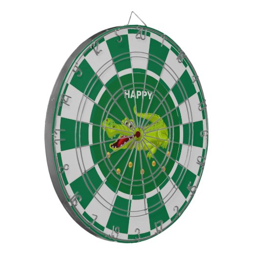 Niedliches Krokodil- und Goldconfetti auf Grün und Dartscheibe (Vorderseite Links)