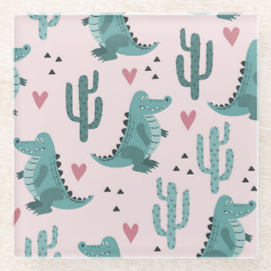 Niedliches Krokodil, Vintages Alligatormuster. Glasuntersetzer