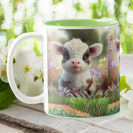 Niedliches Kuhkalb im Blumengarten Zweifarbige Tasse