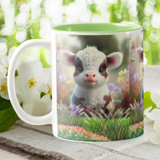Niedliches Kuhkalb im Blumengarten Zweifarbige Tasse