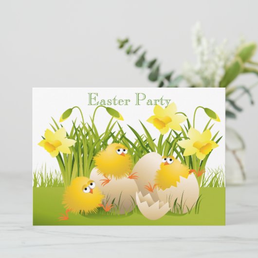 Niedliches Küken-, Ei-u. Narzissen-Ostern-Party Einladung (Stehend Vorderseite)