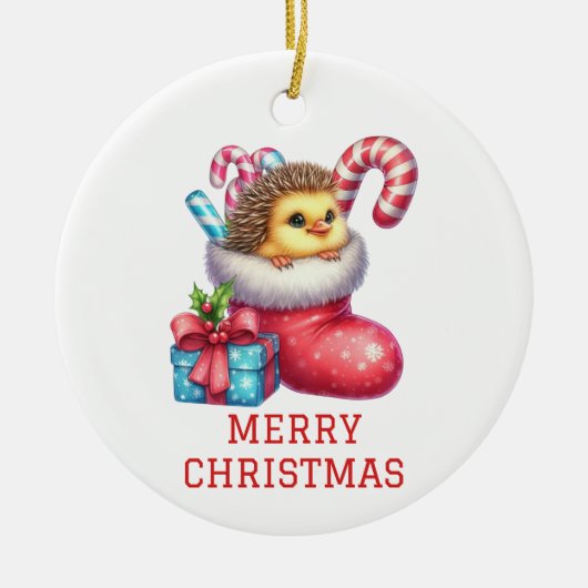 Niedliches Küken mit Igel Weihnachten Keramik Ornament (Vorne)