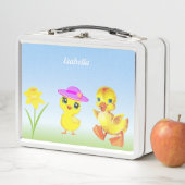 Niedliches Küken und Enten auf hellblau Metall Brotdose (Beispiel)