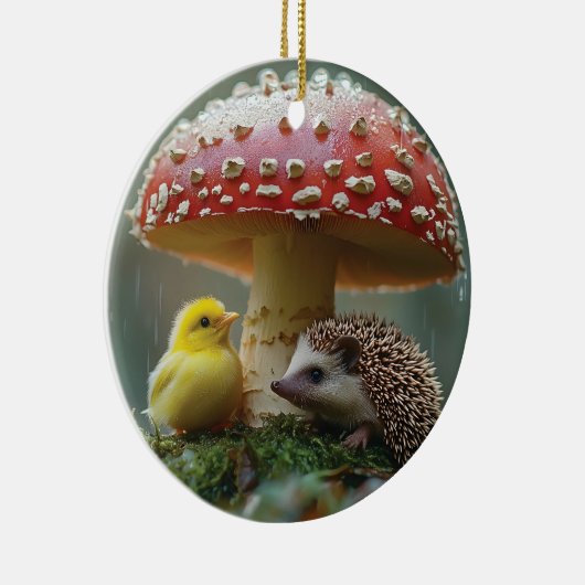 Niedliches Küken und Igel, das sich unter einem Pi Keramik Ornament (Rechts)