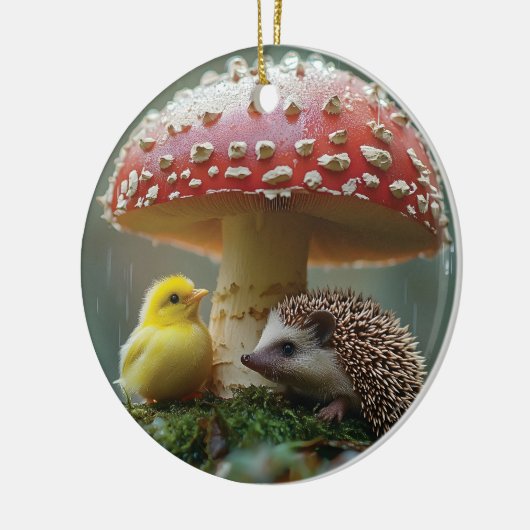 Niedliches Küken und Igel, das sich unter einem Pi Keramik Ornament (Links)