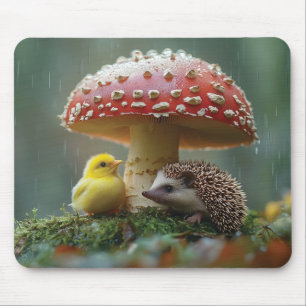 Niedliches Küken und Igel, das sich unter einem Pi Mousepad