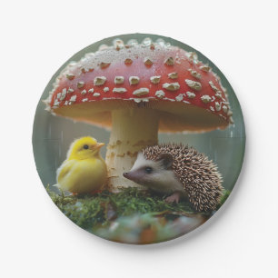 Niedliches Küken und Igel, das sich unter einem Pi Pappteller