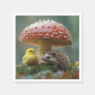 Niedliches Küken und Igel, das sich unter einem Pi Serviette