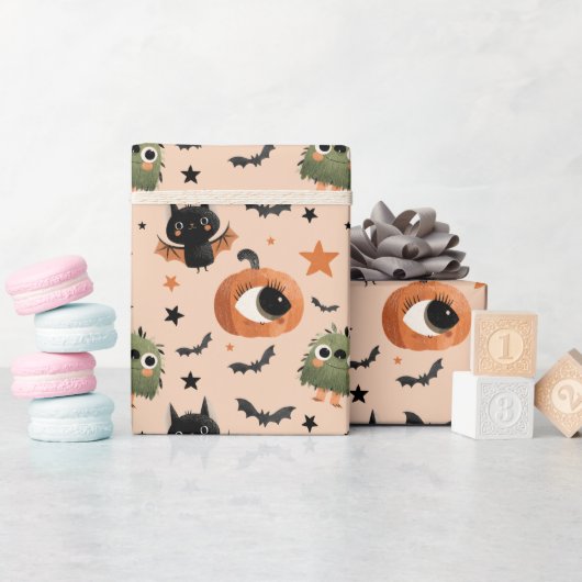Niedliches Kürbismonster und Bat Pattern Halloween Geschenkpapier (Babyparty)