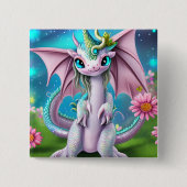 Niedliches Lächeln Baby Dragon mit Blume Button (Vorderseite)