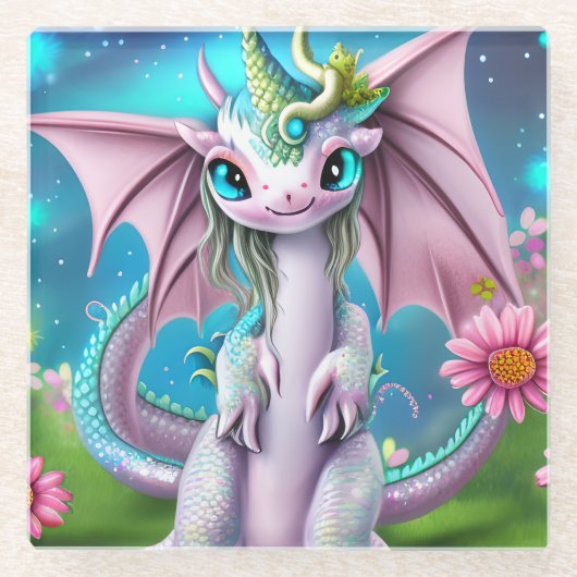 Niedliches Lächeln Baby Dragon mit Blume Glasuntersetzer (Vorderseite)