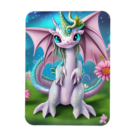 Niedliches Lächeln Baby Dragon mit Blume Magnet (Vertikal)