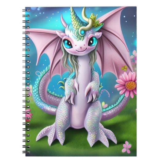 Niedliches Lächeln Baby Dragon mit Blume Notizblock (Vorderseite)
