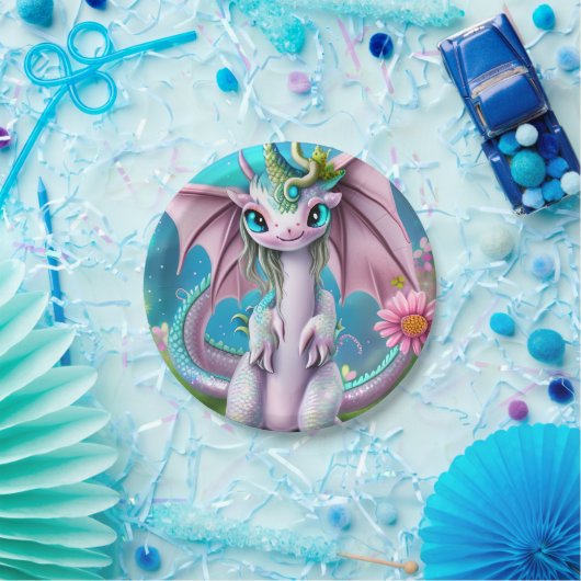 Niedliches Lächeln Baby Dragon mit Blume Pappteller (Party)