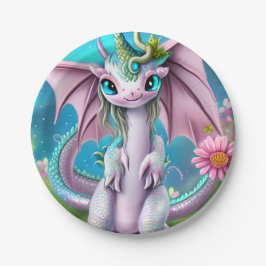 Niedliches Lächeln Baby Dragon mit Blume Pappteller